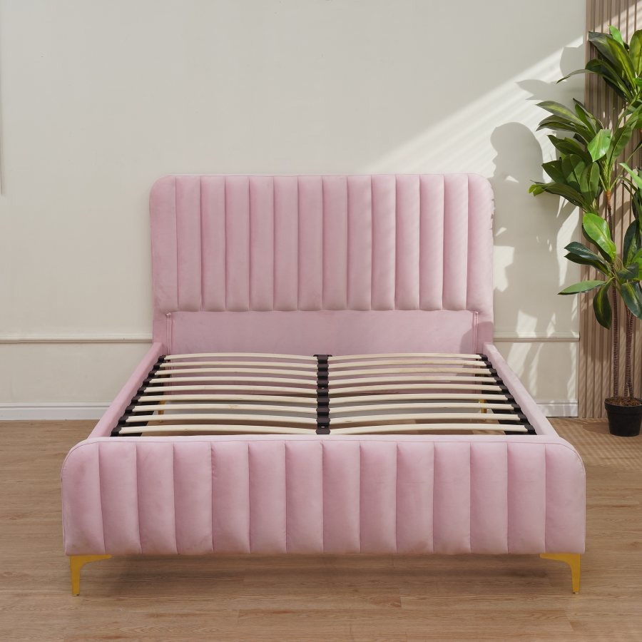 LIT FAYE CAPITONNE EN LIGNE VELOURS ROSE 140x190 cm | Eurostore