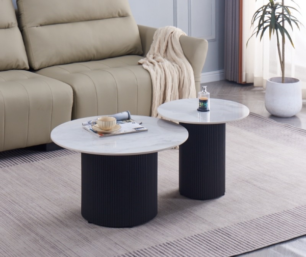 TABLE BASSE GIGOGNE POLPO METAL NOIR PLATEAU CERAMIQUE MARBRE GRIS 70x70x38 + 50x50x45 | MULTI-AFFAIRES