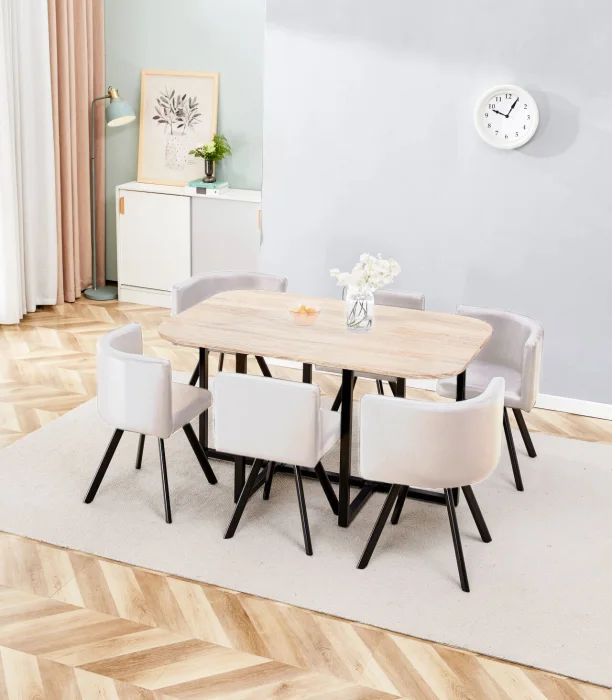ENSEMBLE VENDOME 6+1 BOIS CHAISE BEIGE PIED NOIR 140X90cm | Baljinder singh