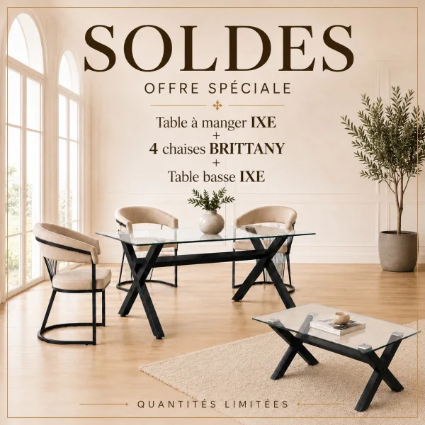 TABLE REPAS IXE 150/180 + 4 CHAISES BRITTANY + TABLE BASSE IXE | MULTI-AFFAIRES