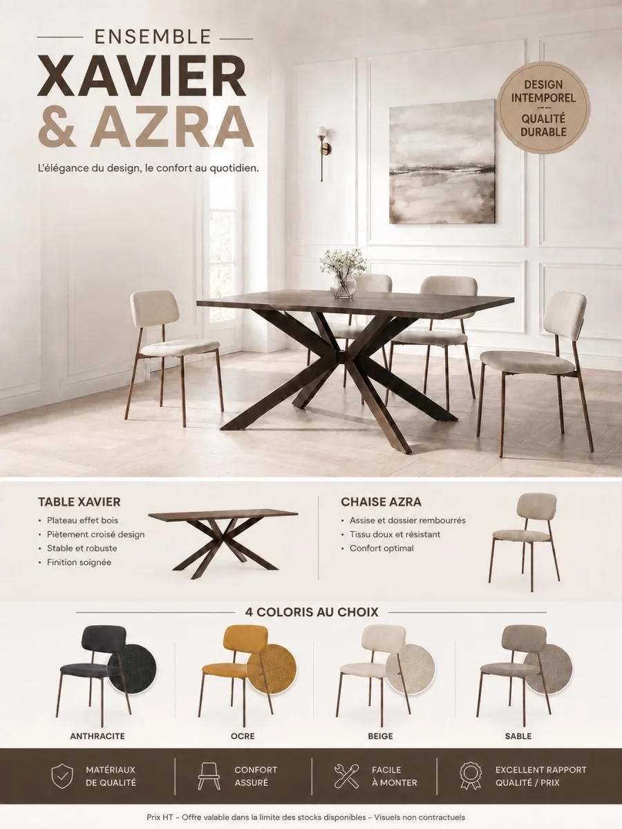 TABLE REPAS XAVIER 180 + 4 CHAISES AZRA | MULTI-AFFAIRES