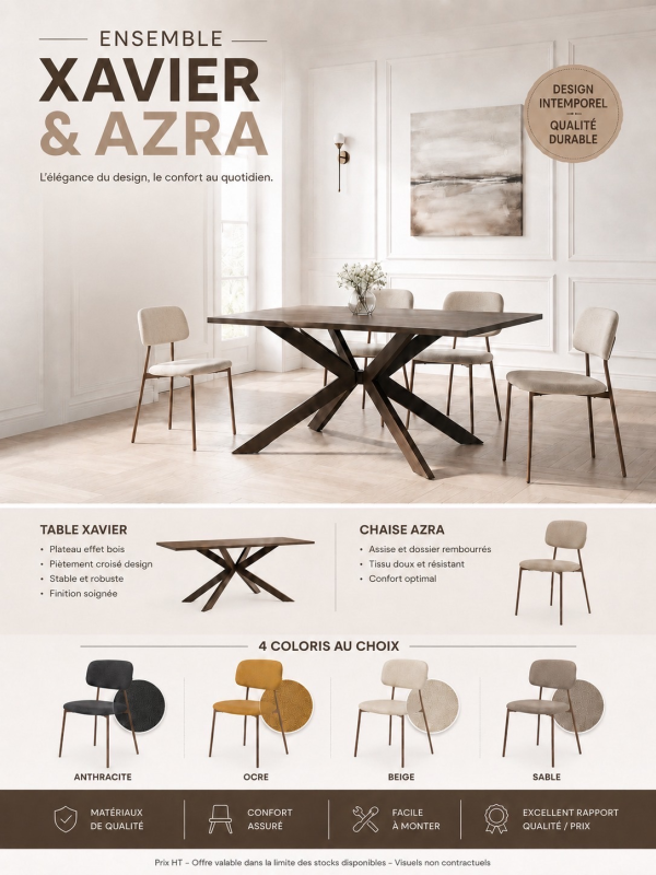 TABLE REPAS XAVIER 180 + 4 CHAISES AZRA | MULTI-AFFAIRES