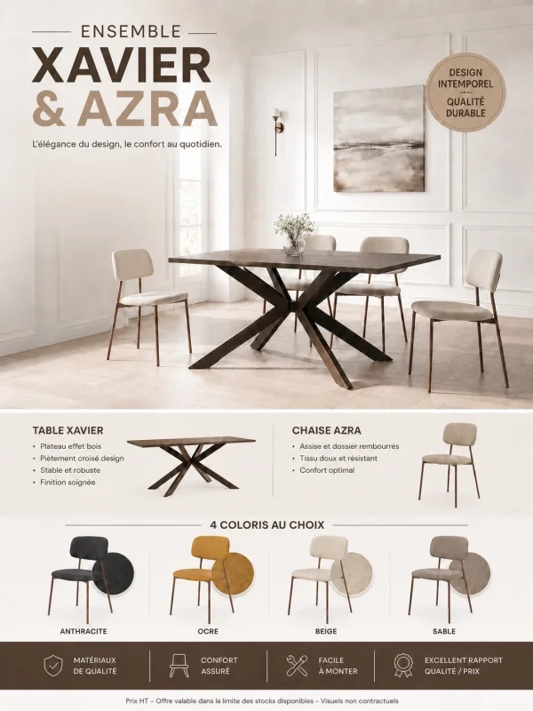 TABLE REPAS XAVIER 180 + 4 CHAISES AZRA | MULTI-AFFAIRES