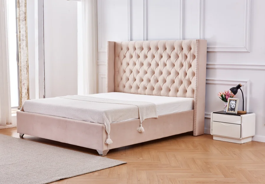 LIT DOUBLE CLOUTE CAPITONNE VELOURS NUDE 160x200 cm | MULTI-AFFAIRES