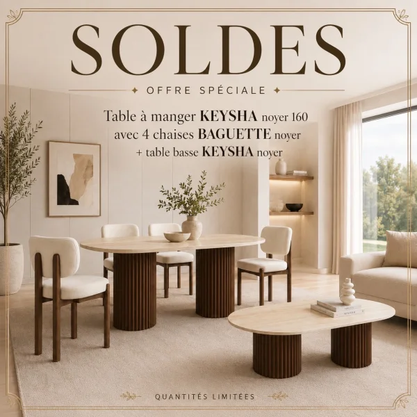 TABLE REPAS KEYSHA NOYER TRAVERTIN 160 + 4 CHAISES BAGUETTE NOYER VELOURS BEIGE + TABLE BASSE KEYSHA | MULTI-AFFAIRES