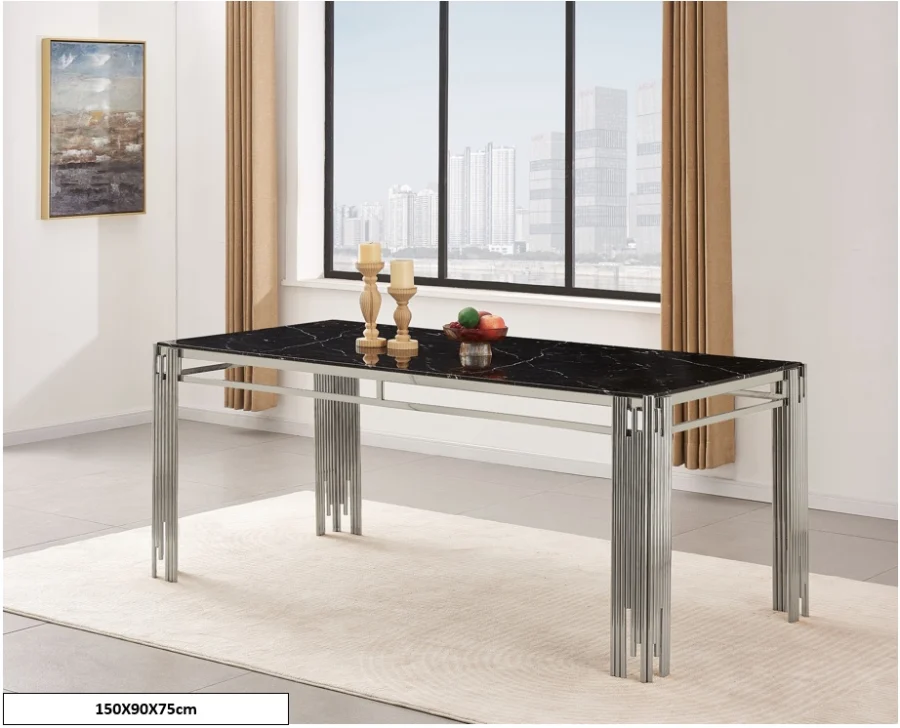 TABLE A MANGER FLUTE CHROME MARBRE NOIR 150x90x75cm | MULTI-AFFAIRES