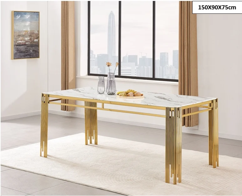 TABLE A MANGER FLUTE GOLD MARBRE BLANC 150x90x75cm | MULTI-AFFAIRES