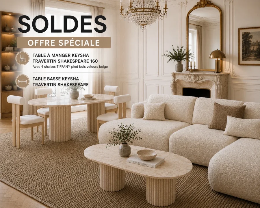 TABLE REPAS KEYSHA TRAVERTIN PLATEAU CERAMIQUE SHAKESPEARE 160 + 4 CHAISES TIFFANY PIED BOIS VELOURS BEIGE + TABLE BASSE KEYSHA TRAVERTIN | MULTI-AFFAIRES