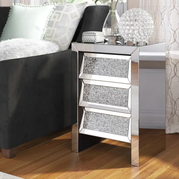 CHEVET 3 TIROIRS MIROIR ET DIAMOND | MULTI-AFFAIRES