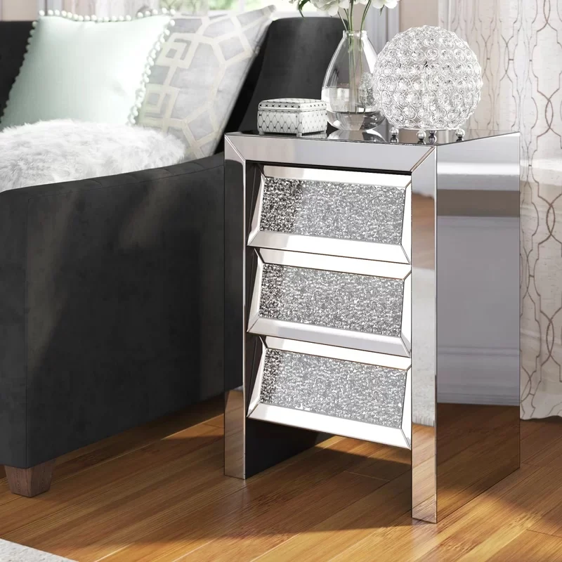 CHEVET 3 TIROIRS MIROIR ET DIAMOND | MULTI-AFFAIRES