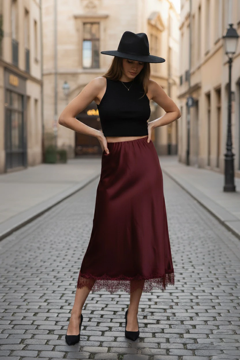 Jupe midi en satin dentelle | Valora Select