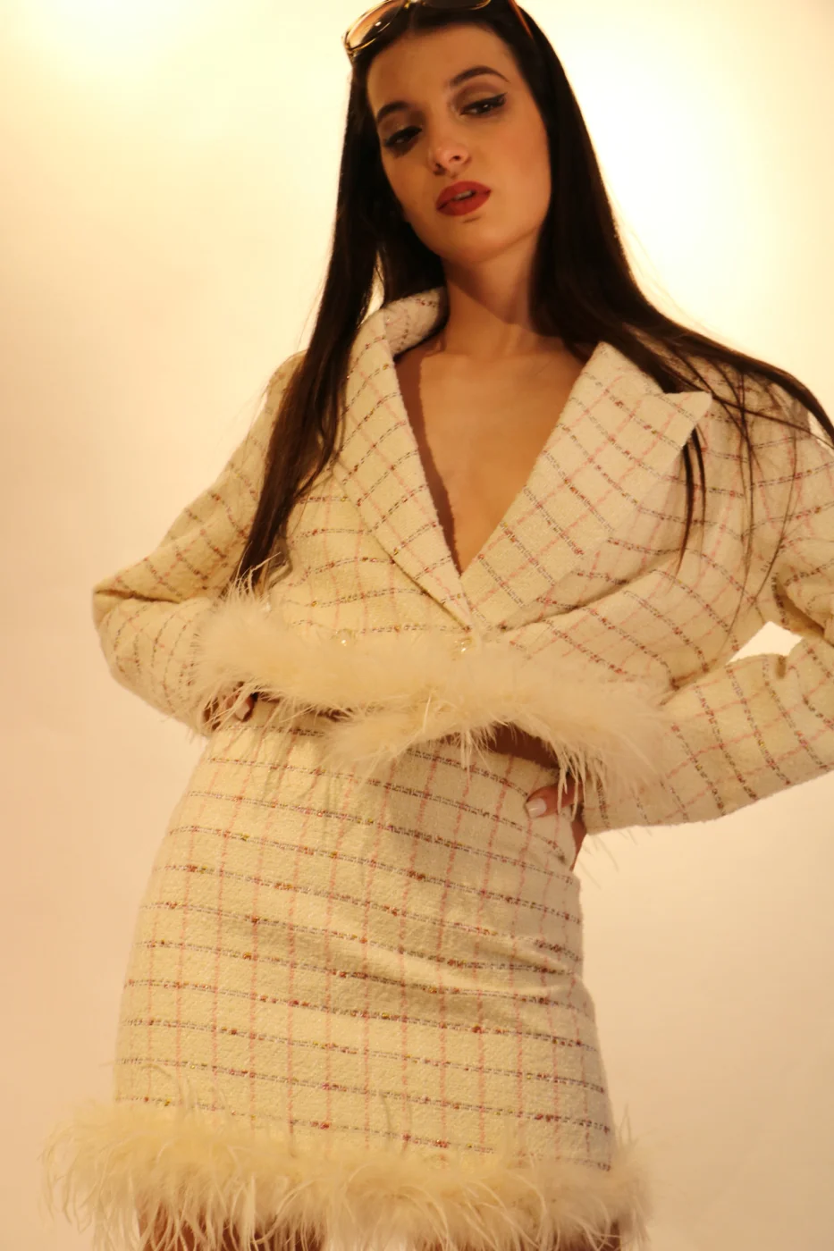 Giacca crop tweed piume  | Maelle B. Fashionlab 