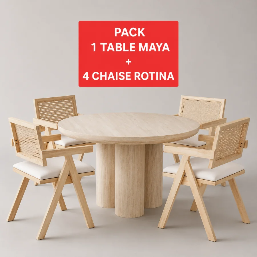 PACK 1 TABLE MAYA TRAVERTIN+ 4 CHAISE ROTINA BOIS | MULTI-AFFAIRES