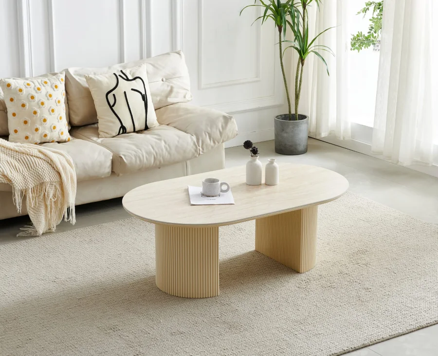 TABLE BASSE CALYPSO CERAMIQUE TRAVERTIN OVALE | MULTI-AFFAIRES