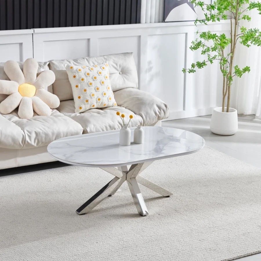 TABLE BASSE CERAMIQUE OPHELIA MARBRE BLANC CHROME | Eurostore