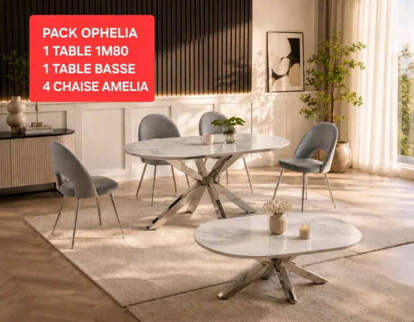 PACK 1 TABLE OPHELIA 1M80 + 1 TABLE BASSE OPHELIA + 4 CHAISE AMELIA | MULTI-AFFAIRES