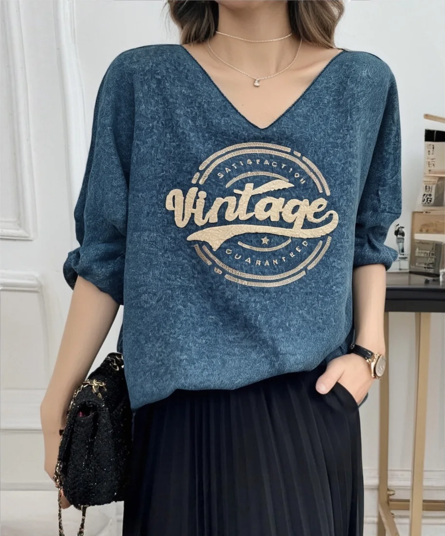 Pull Col V Avec Imprimer Vintage  | Vintage Mode