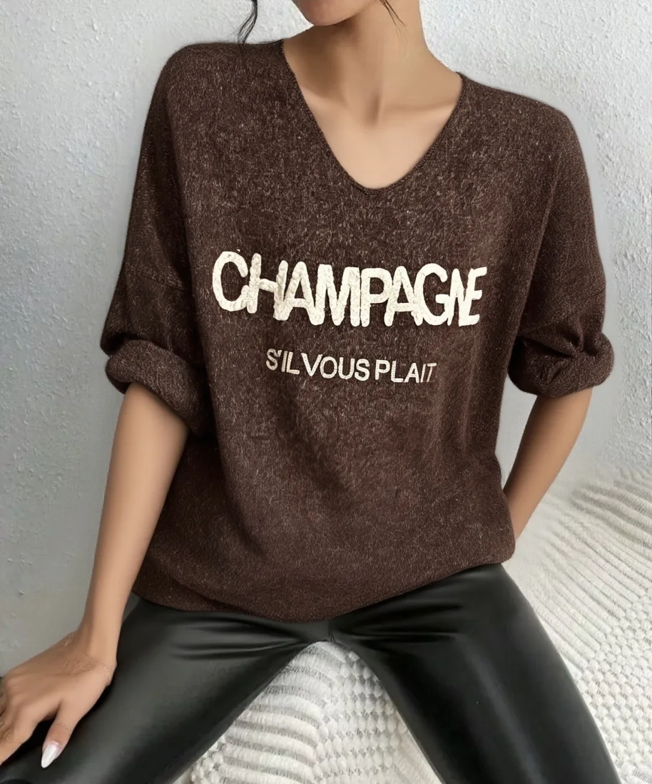 Pull Col V Avec Imprimer Champagne  | Vintage Mode