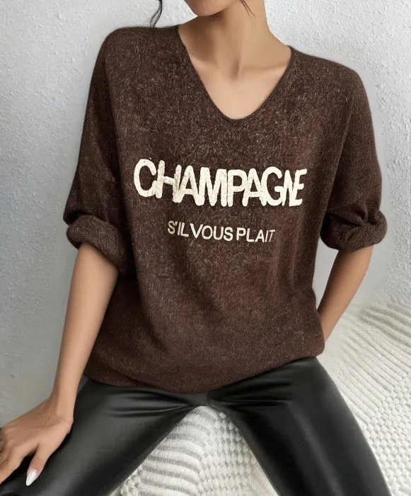 Pull Col V Avec Imprimer Champagne  | Vintage Mode