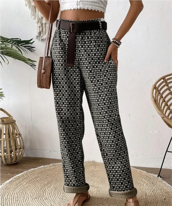 Pantalon Avec Ceinture Poche 
À Motif  | Vintage Mode