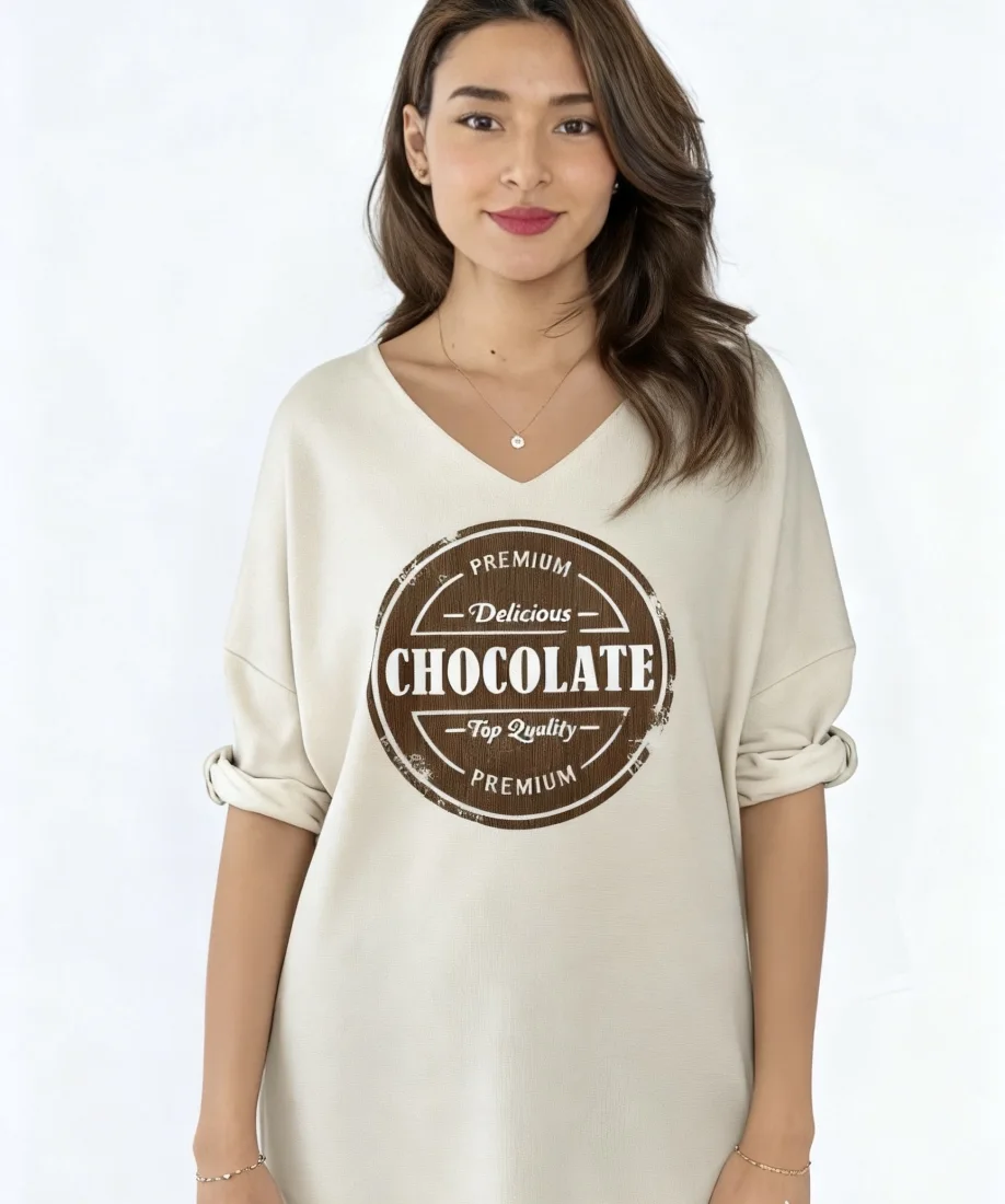 Pull En Velour Col V Avec Imprimer Delicious Chocolate  | Vintage Mode