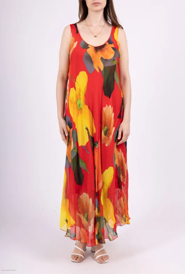 Maxi Dress In Silk w/ Abstract Print | Merci.