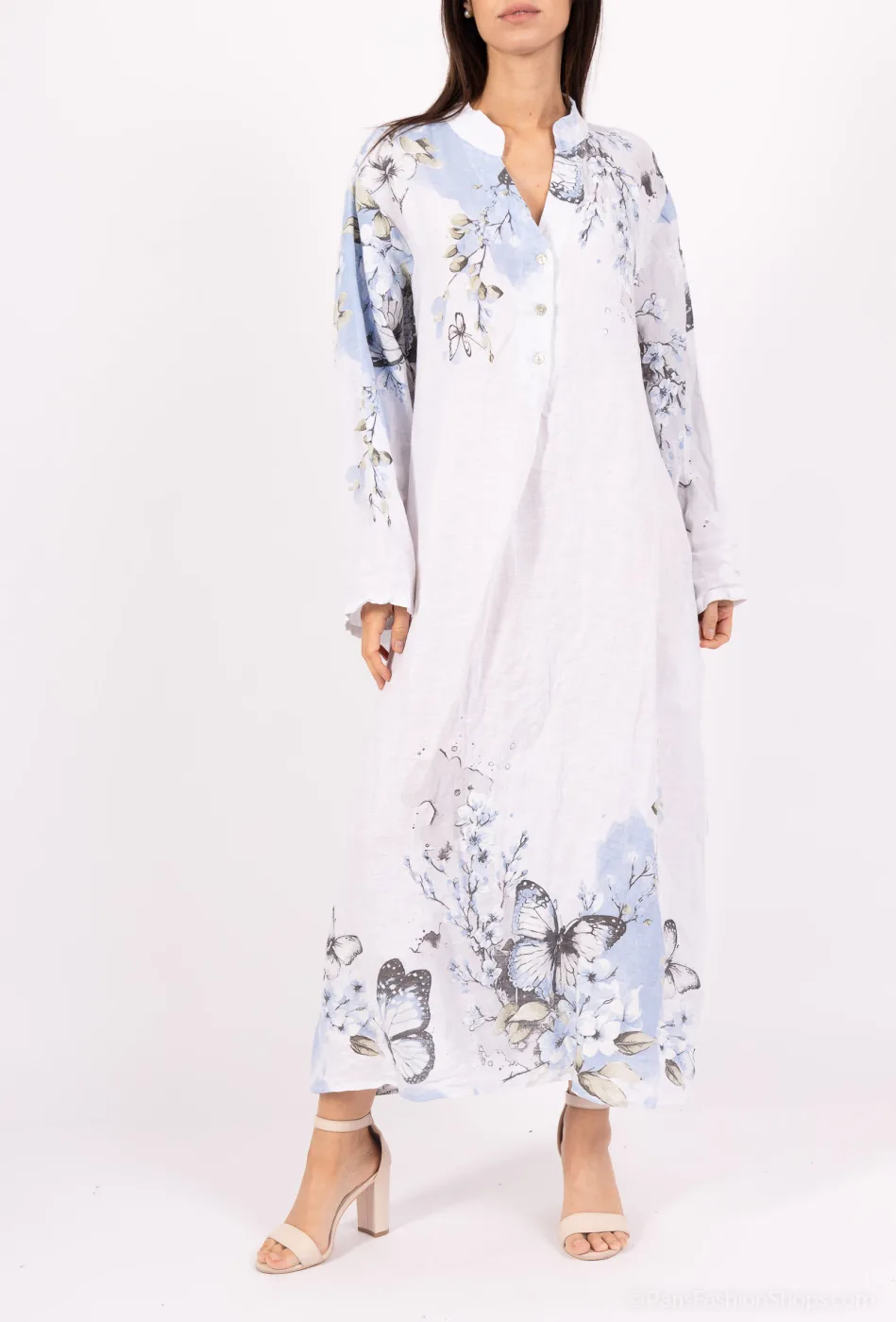 Maxi Dress In Linen With Placed Flower And Butterfly Print, 3 Buttons On Neck, 2 Pockets, Long Sleeves  | Vintage Mode