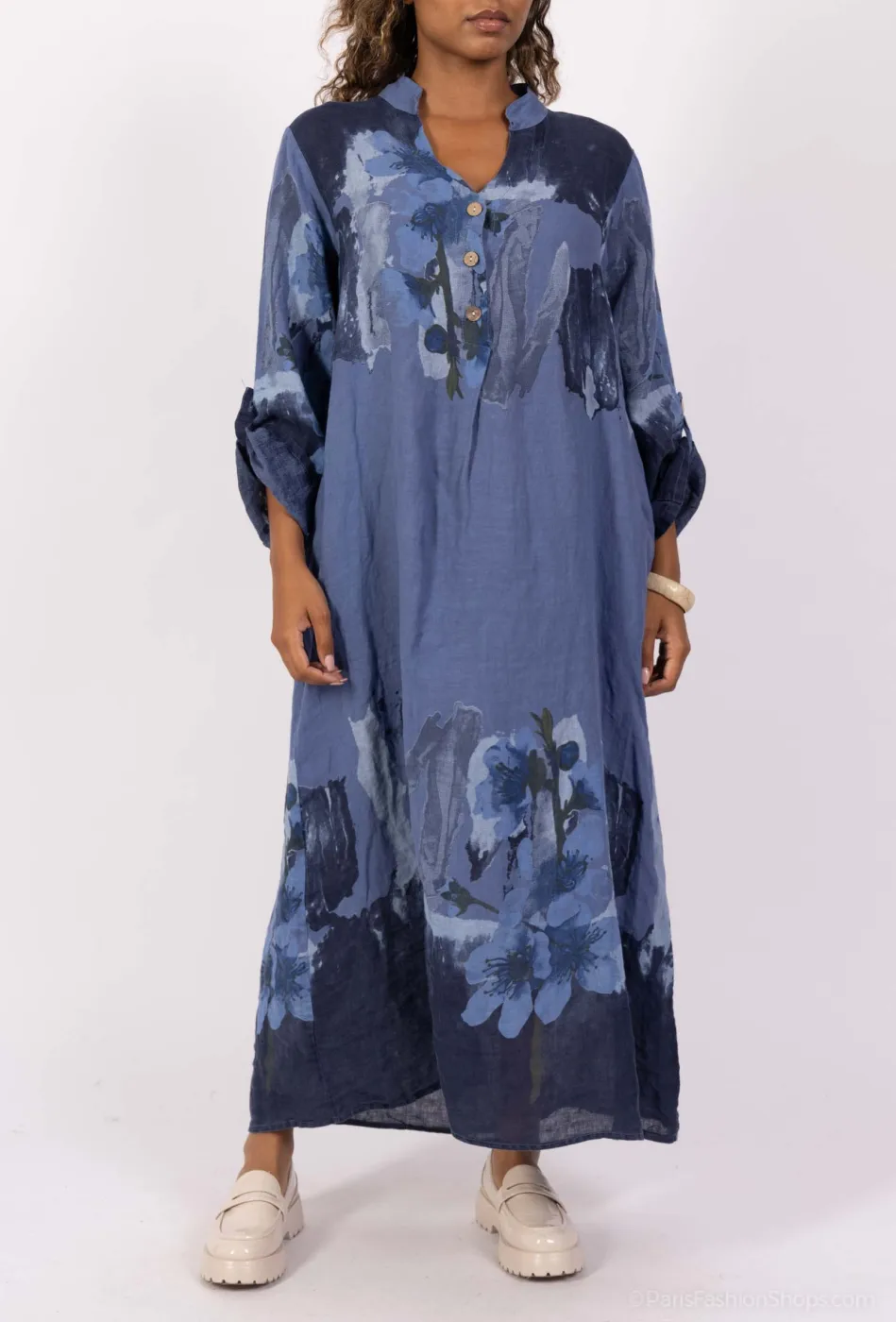 Linen Maxi Dress Flower Print 2 Pockets Long Sleeves  | Vintage Mode