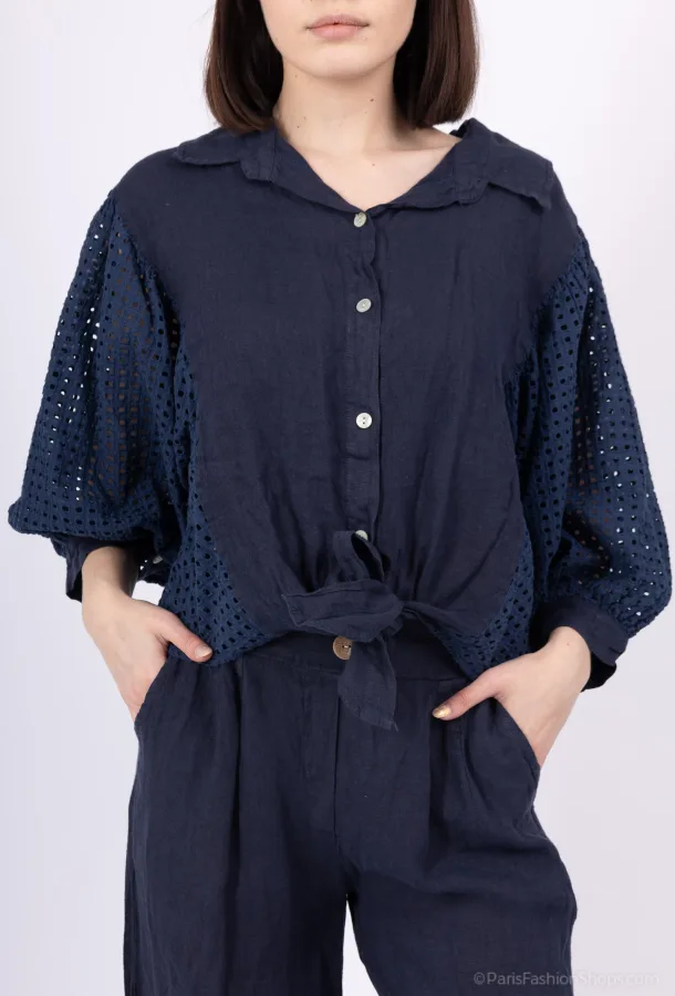 Eyelet Shirt In Linen With Waist Tie | Merci.