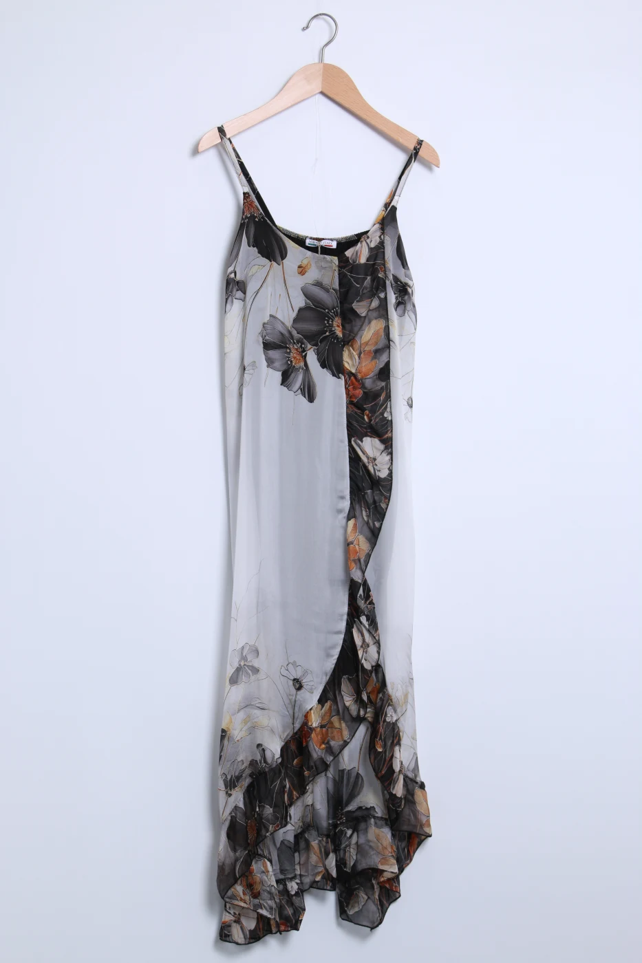 Maxi Dress In Silk With Thin Straps Flower Print And Ruffles   | Merci.