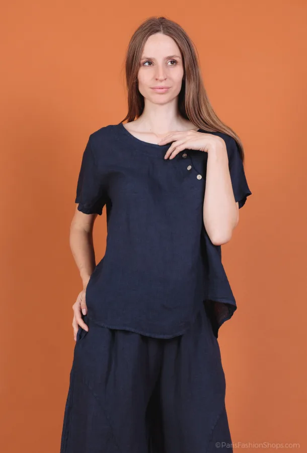 Top In Linen With 3 Wood Buttons  | Merci.
