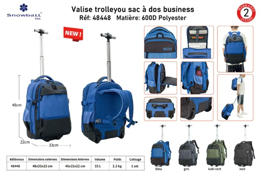 Valise sac à dos trolley business 48x32x22 cm - garantie 2 ans | Rynalife