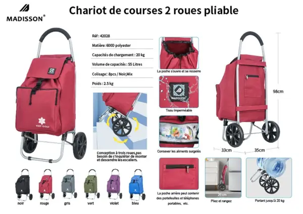 Chariot de course 2 roues pliable - Poche isotherme 98x33x35 cm -  55L 2.50 kg
Garantie 1 an | Rynalife