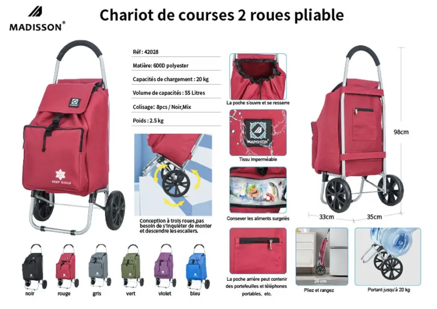 Chariot de course 2 roues pliable - Poche isotherme 98x33x35 cm -  55L 2.50 kg
Garantie 1 an | Rynalife