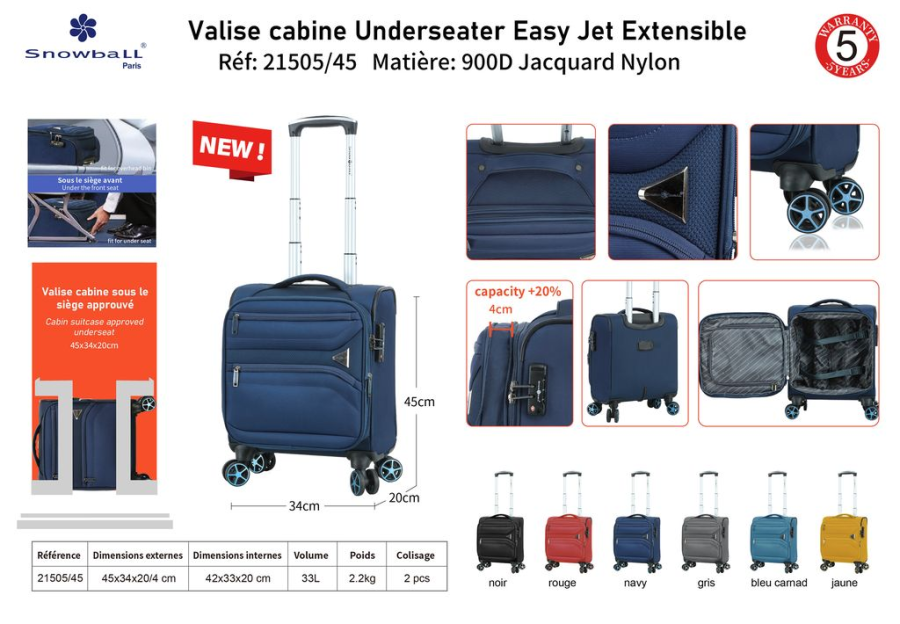 Underseater Easy jet 45x34x20 extensible double roues cadenas TSA - Garantie 5 ans | Rynalife