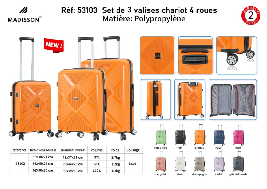 Set de 3 valises 4 Roues Polypropylène - Madisson - Garantie 2 Ans | Rynalife