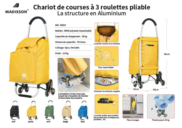 Chariot de course 3 roues inoxydable pliable 96x35x45 cm - structure en Aluminium - 900D polyester imperméable inversé - Poche isotherme - 55L / 2.80 kg - Garantie 1 an | Rynalife
