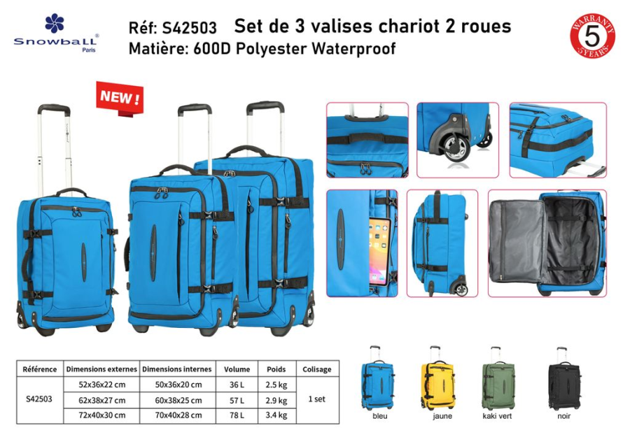Set De 3 Valises Chariot 2 Roues 600d Polyester Waterproofs | Rynalife