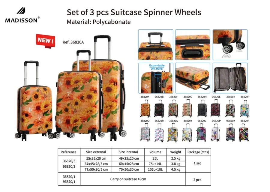 set of 3 suitcases printing polycarbonate 4 double-wheels | Rynalife