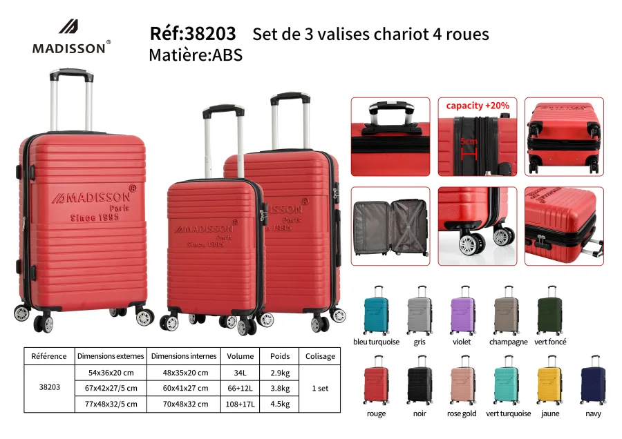 set de 3 valises 4 double roues extensibles | Rynalife