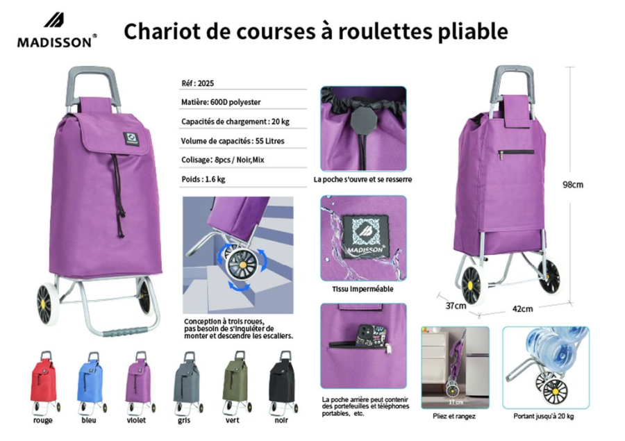Chariot de course 2 roues pliable 98x37x42 cm 55L 1.60 kg 
Garantie 1 an | Rynalife