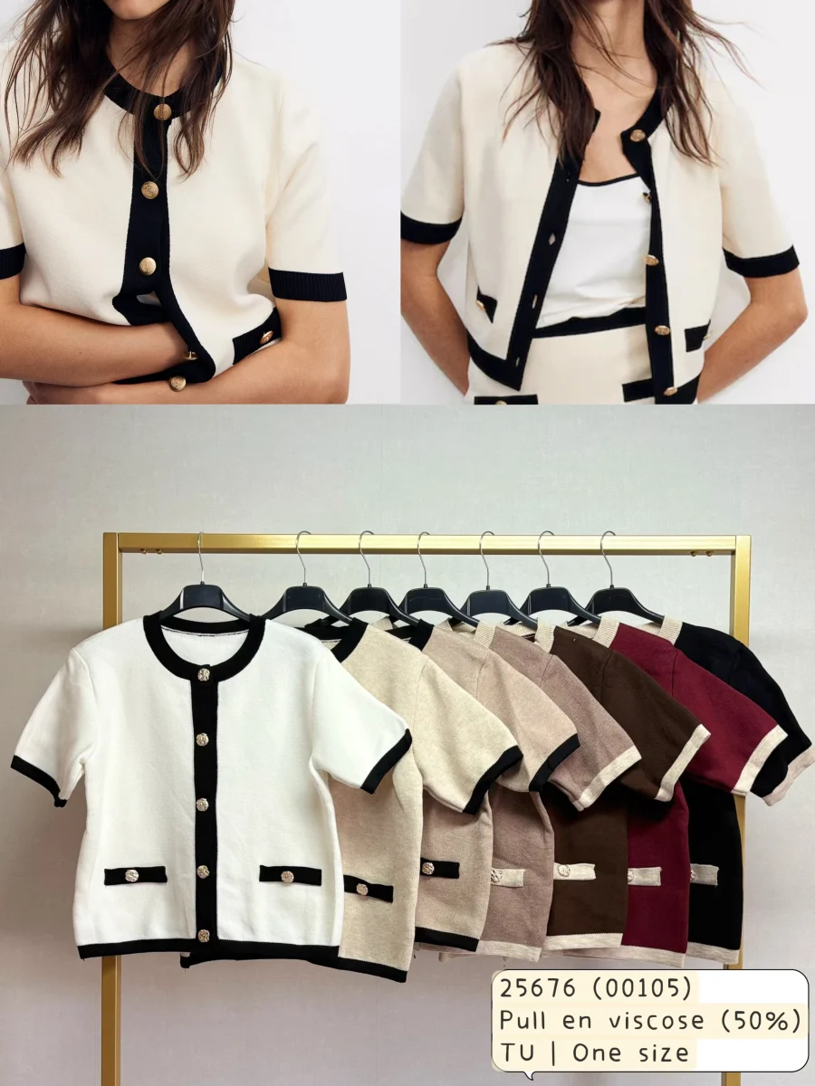 Pull manches courtes boutonné en viscose (50%) | Solynade