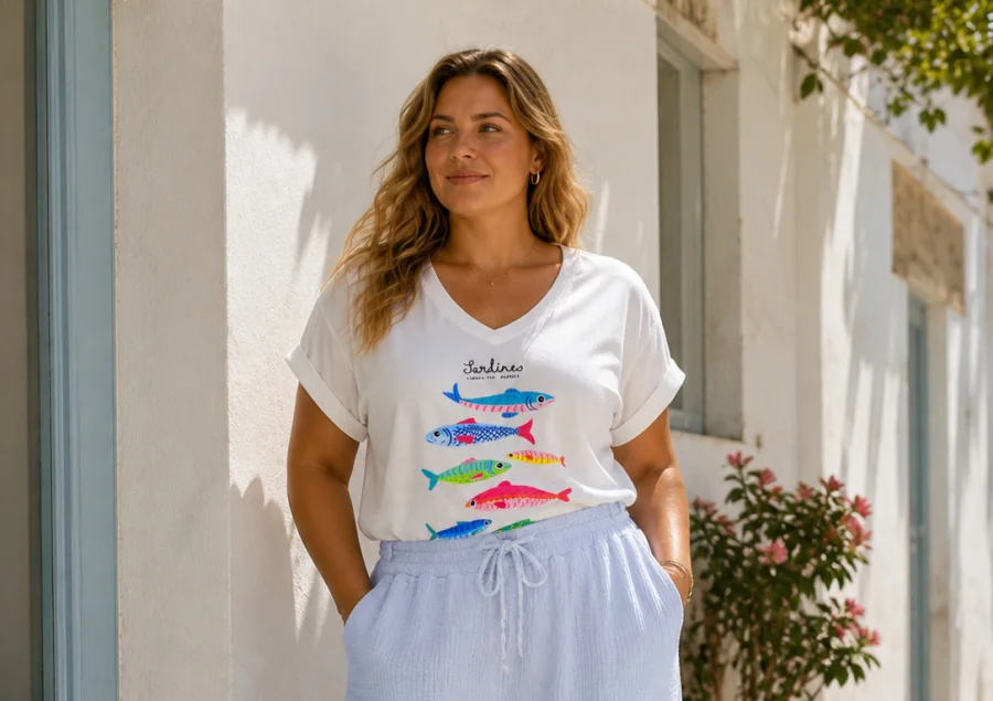 T-shirt col V avec imprimé poisson en belle taille  | Chez Florem