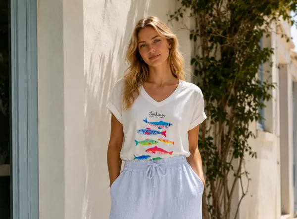 T-shirt col V avec imprimé poisson | Chez Florem