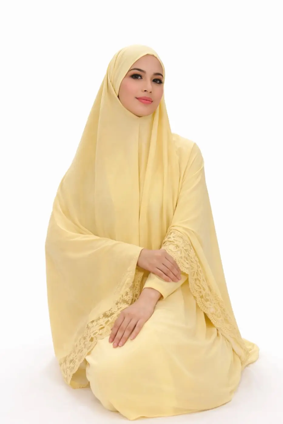 Robe De Prière 2 Pièces Robe Manche Longue Et Khimar Dentelle En Soie De Medine | Aaba