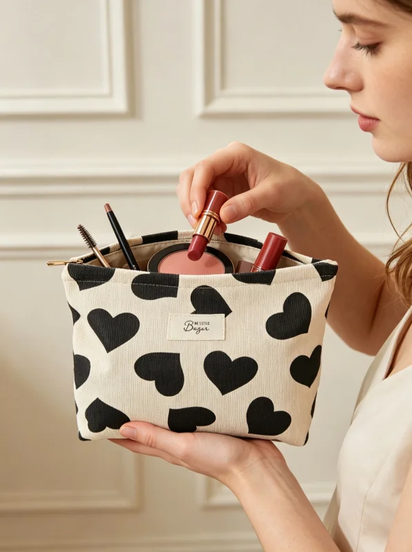 Trousse de toilette en velours imprimé cœurs 
zippée par le haut | Au P’tit Boucan