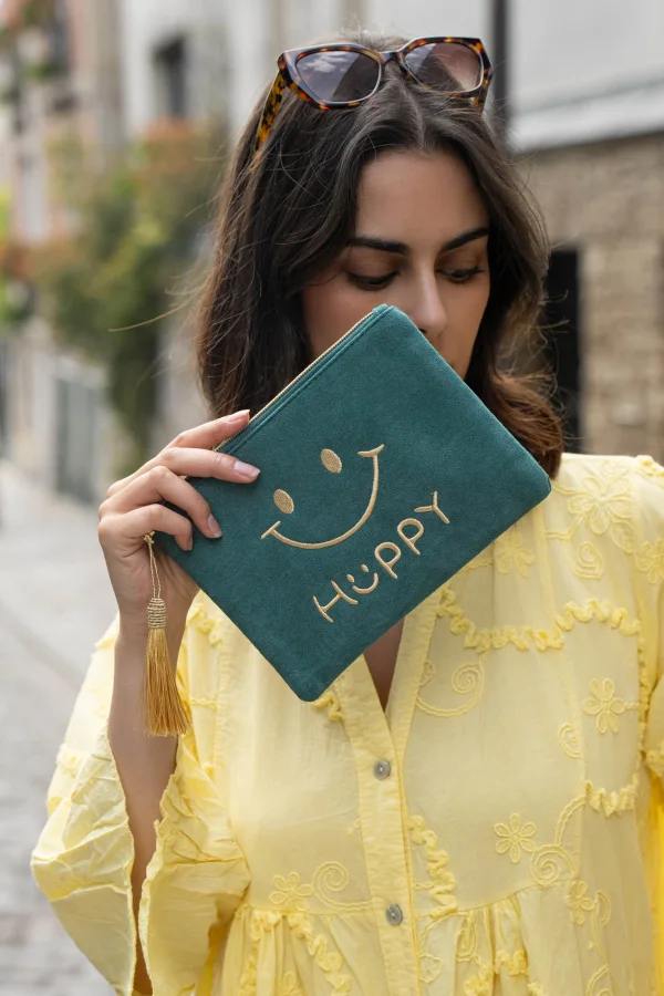 Pochette velours imprimé "HAPPY", avec zip, pompon | Au P’tit Boucan
