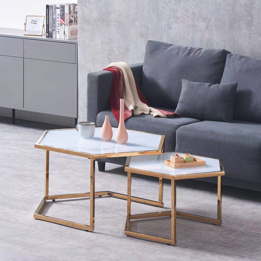 TABLE BASSE GIGOGNE HEXAGONA GOLD MARBRE BLANC 79x40.50 + 59x35 | MULTI-AFFAIRES