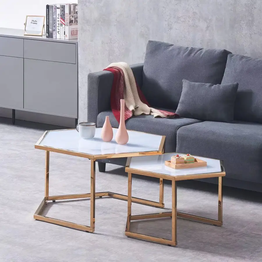 TABLE BASSE GIGOGNE HEXAGONA GOLD MARBRE BLANC 79x40.50 + 59x35 | MULTI-AFFAIRES