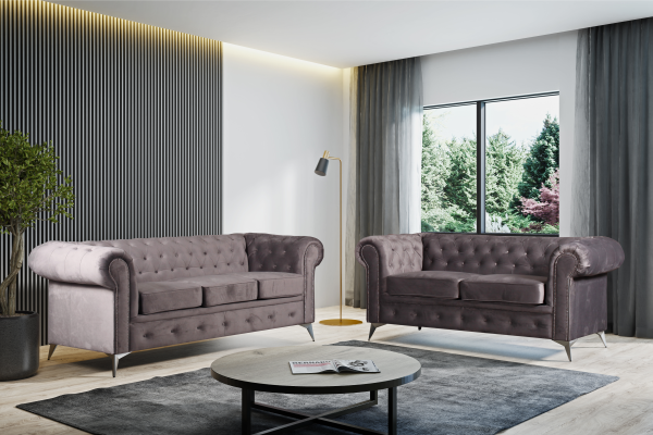 ENSEMBLE CANAPE CLOUTE TIFFANY 3 PLACES + 2 PLACES VELOURS GRIS | MULTI-AFFAIRES